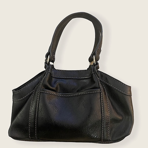 10” Small Liz Claiborne Black Faux Leather Satchel‎ Bag w Contrast Stitching